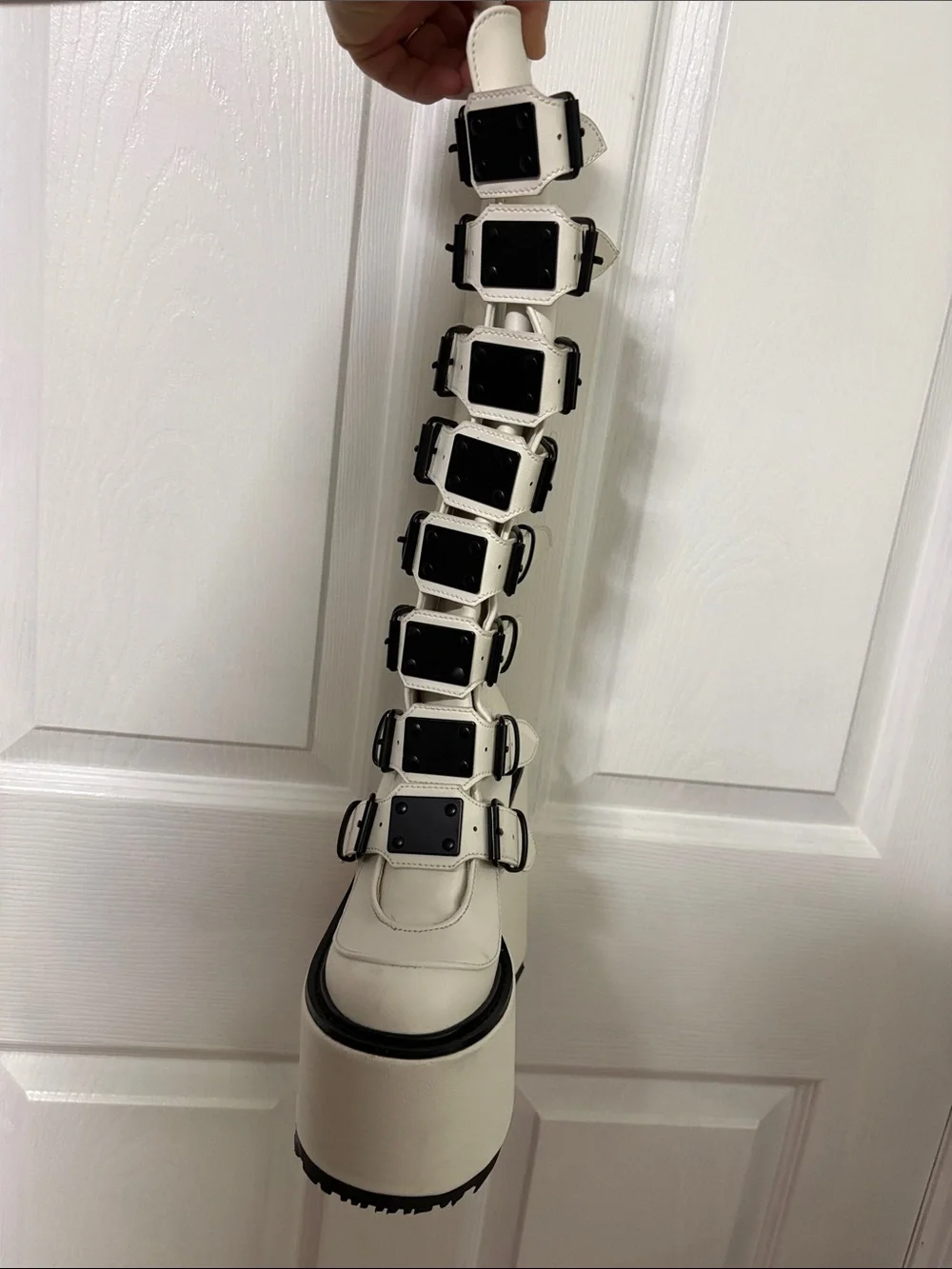 Demonia White Knee-High Platform Buckle Boots size 6 Goth